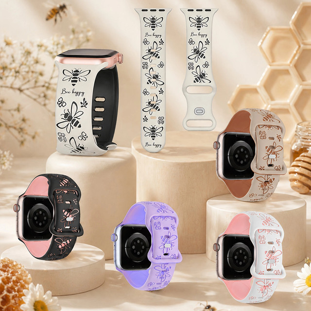 samusak Uhrenarmband Silikon, Bienen- und Blumenmuster, Apple Watch 38-49mm - Bild 1