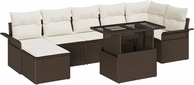 vidaXL Garten-Sofa-Set aus Poly Rattan in Braun, 8-teiliges L-Shape Lounge-Set mit Kissen und Tisch - Bild 1