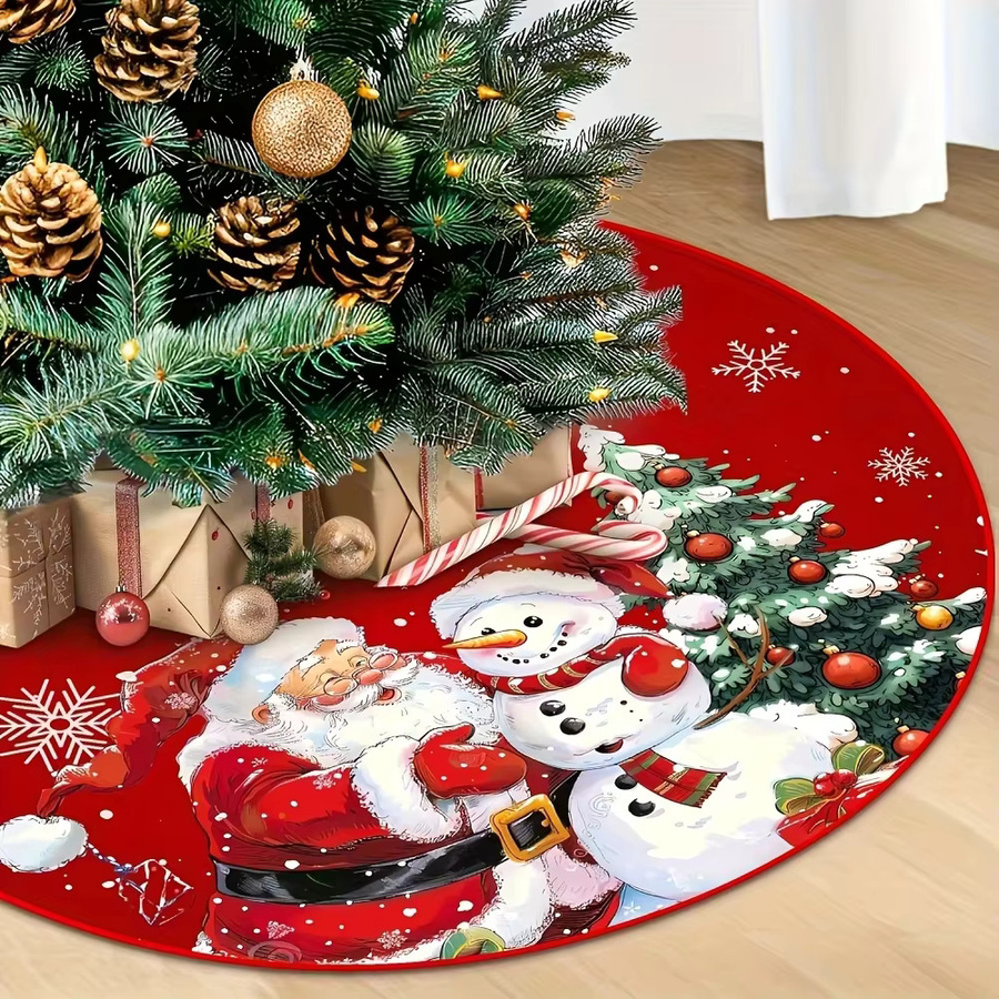 VIKAMA Weihnachtsbaumrock mit Weihnachtsmann- und Schneemannmotiven in Rot für deine festliche Dekoration - Bild 2