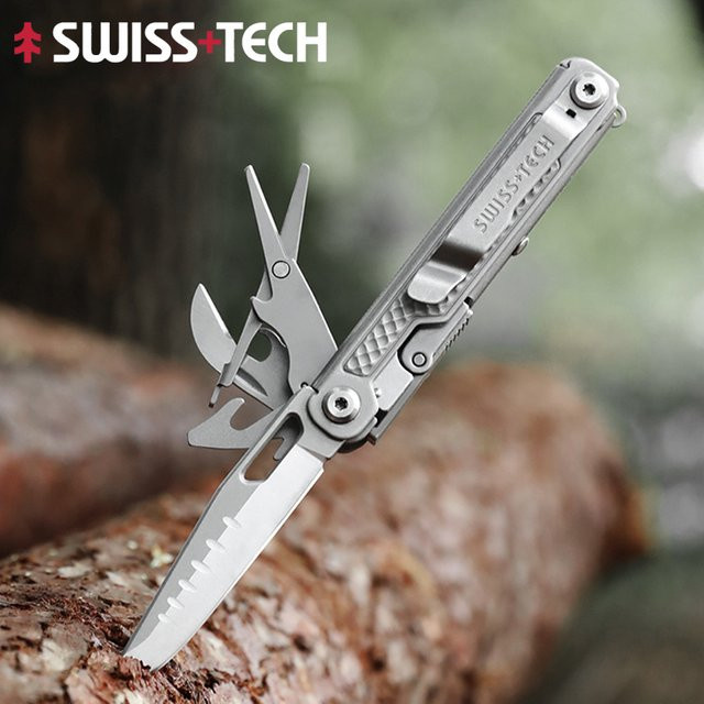 SWISS TECH 11-in-1 Multitool-Messer in Silber, klappbares Mini-EDC-Werkzeug mit Schere und Säge für Outdoor und Überlebensausrüstung - Bild 1