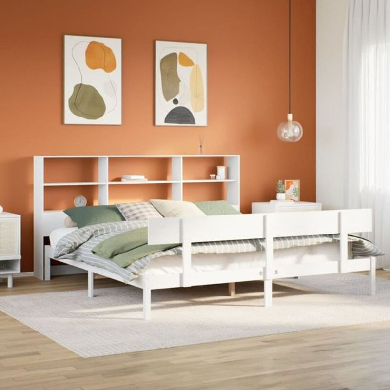 Massivholzbett Vidaxl aus Kiefer mit Regal in Weiß, B/T/H: 180 x 200 x 110 cm - Bild 1