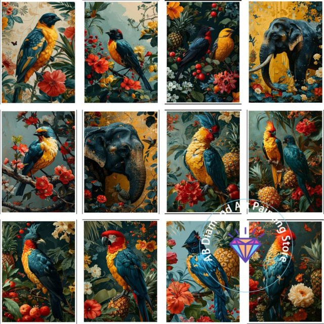 Potdemiel 5D DIY Diamantmalerei Set mit Blumen, Papagei und Elefant in Multicolour für quadratische Mosaik-Kunst als Wanddekoration - Bild 1