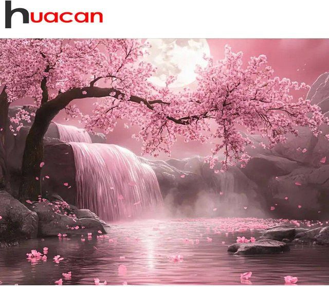 Huacan Diamantgemälde Kirschblüten und Wasserfall als Landschafts-Diamantstickerei - Bild 1