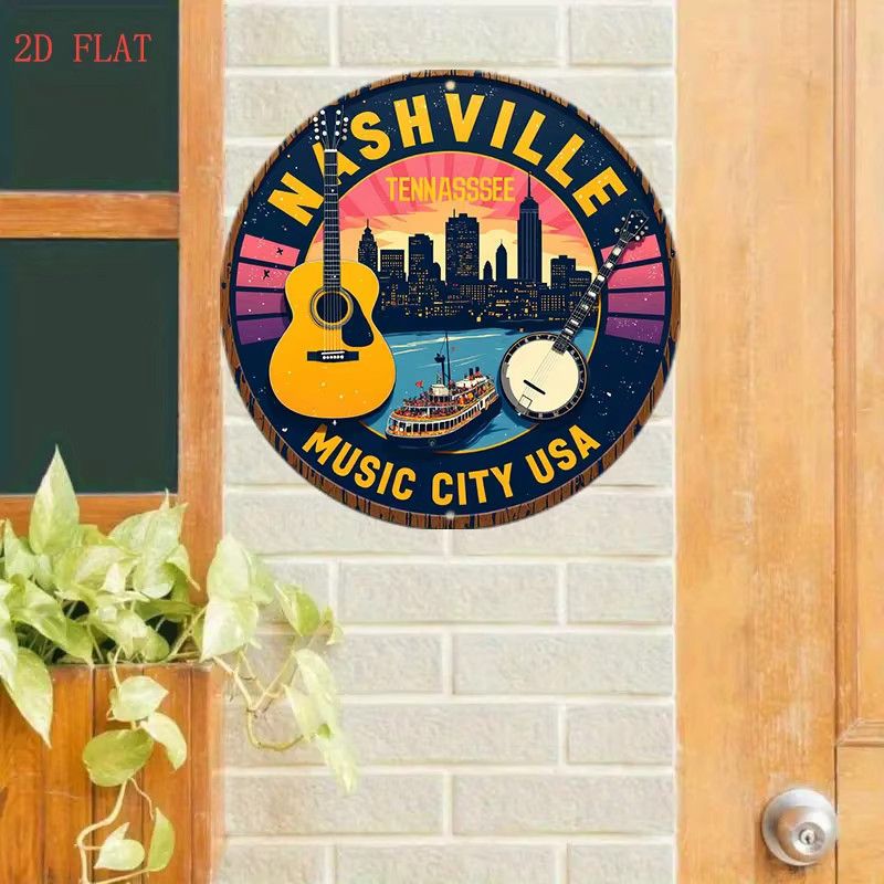 Potdemiel Nashville Tennessee Music City USA Metall-Wanddekoration Rundschild mit Skyline, Gitarre und Banjo in Multicolor - Bild 3