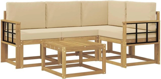 vidaXL Outdoor-Sofagarnitur in L-Form aus Akazienholz mit Kissen, 5-teilig, Weiß und Beige - Bild 1