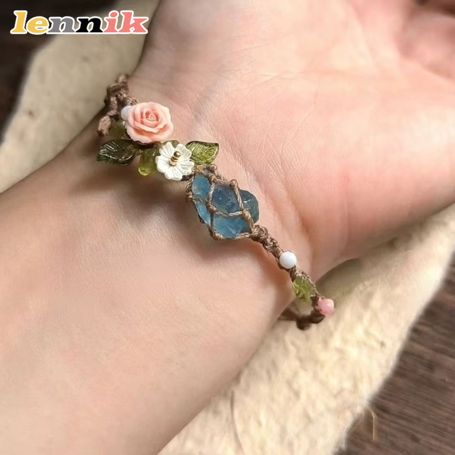 LENNIK Paar-Armband, Rosen-Aquamarin-Rohstein, Makramé-Netzschnur, Unisex - Bild 2