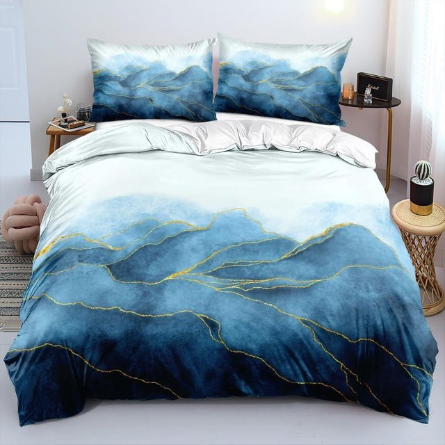 Lodestar Bettwäschegarnitur mit Marmor-Design aus Microfaser, Bettbezug und Kissenbezug in Gold, Grau und Blau, B/H: 135 x 200 cm - Bild 1