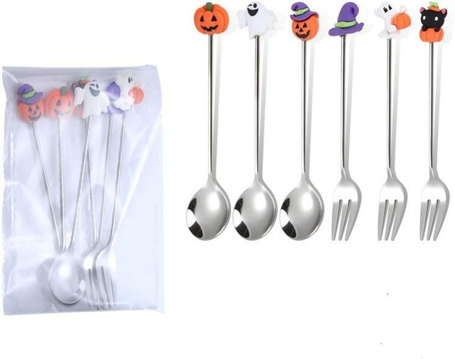 6-teiliges Edelstahl Besteckset mit Kürbis und Geist Muster für Halloween, Löffel und Gabel in Gold und Silber von Yiran Furniture - Bild 1