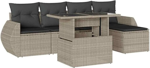 vidaXL 6-teilige Garten-Sofagarnitur aus Poly-Rattan in Hellgrau mit UV-beständigen Kissen und Metallgestell - Bild 1