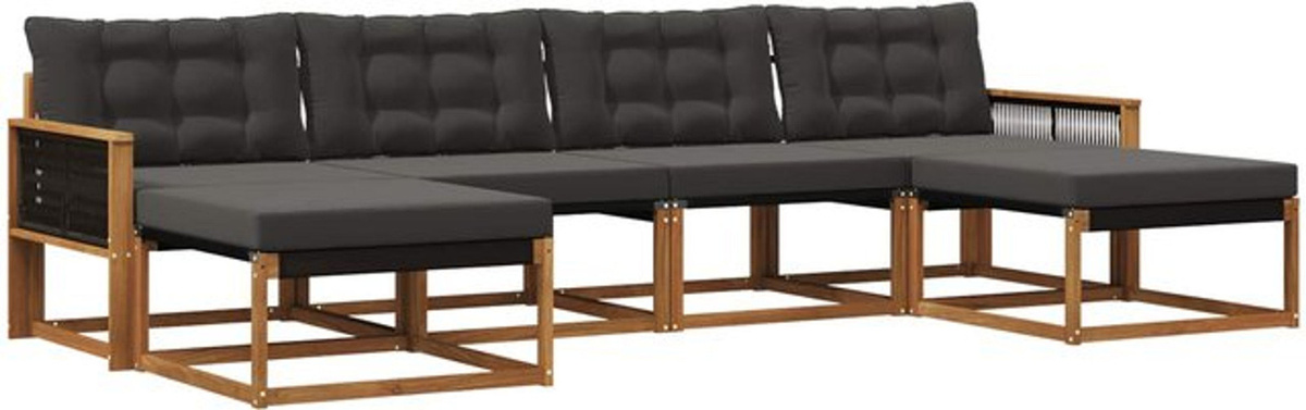 vidaXL Outdoor-Sofagarnitur aus Akazie mit Kissen in Natur und Schwarz, 6-teiliges Loungemöbel-Set mit Textilene-Bezug - Bild 1