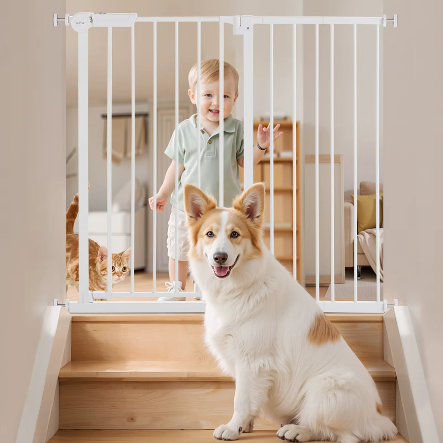 SucceBuy Baby- und Hundetor in Weiß mit Easy Step Walk Thru Funktion zur Sicherheit für Kinder und Haustiere durch Druckmontage - Bild 1