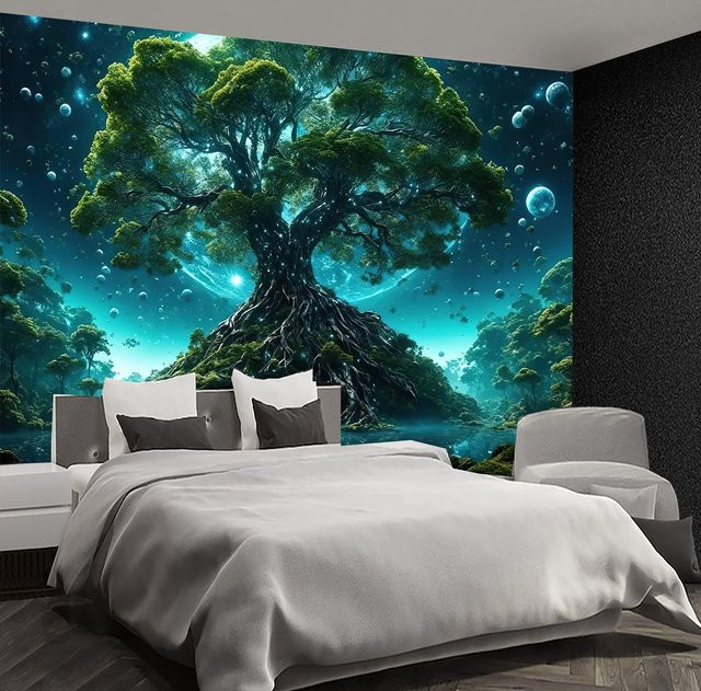 JMG Household Supplies Wandteppich Lebensbaum Natur Grün, Wandbehang mit Mond und Pflanzen-Motiv, Breite: 70 cm, Höhe: 100 cm - Bild 1