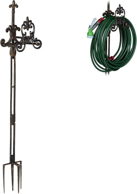 Relaxdays Schlauchhalter aus Gusseisen in Bronze mit Erdspießen, nostalgisches Design, Höhe: 133 cm, Breite: 24 cm, Tiefe: 17 cm - Bild 1