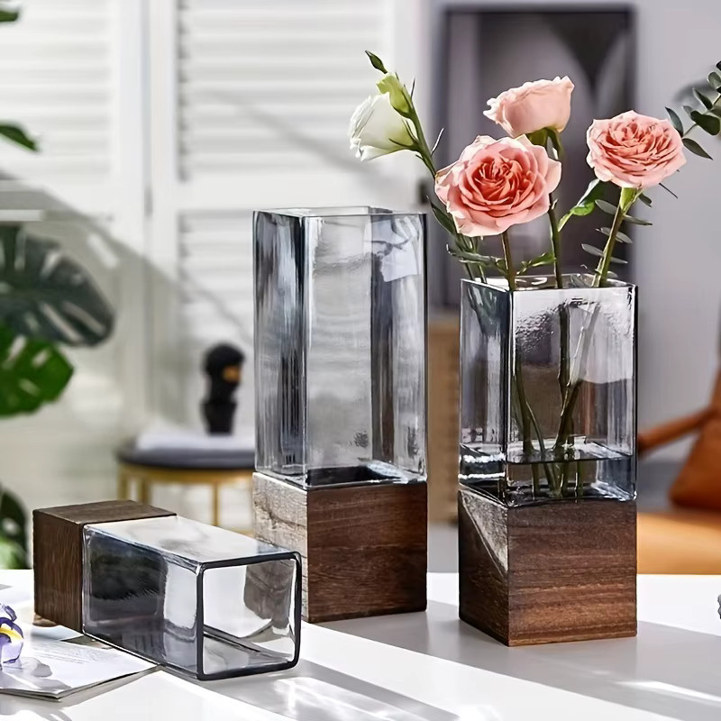 Quadratische Acryl-Blumenvase im nordischen Stil mit Holzsockel, Schwarz und Transparent - Bild 3