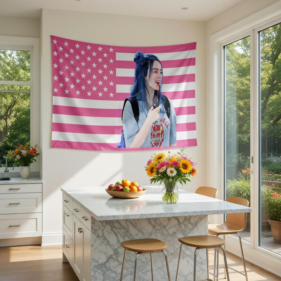 Wandteppich Billie Eilish Blaues Haar und Amerikanische Flagge von JMG Household Supplies in Blau, Rosa und Multicolour, B/H: 40 x 60 cm - Bild 4