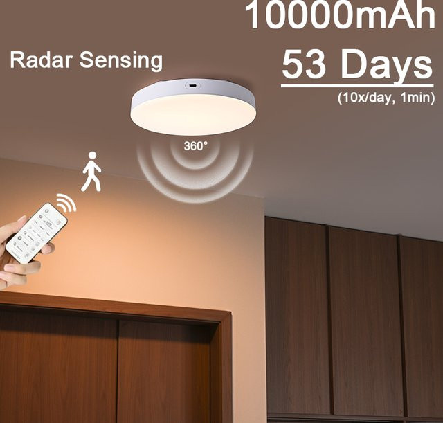 LINYILIGHT Kabellose LED-Deckenleuchte mit Radar-Bewegungssensor und Fernbedienung, 10000mAh Wiederaufladbar, Weiß - Bild 1