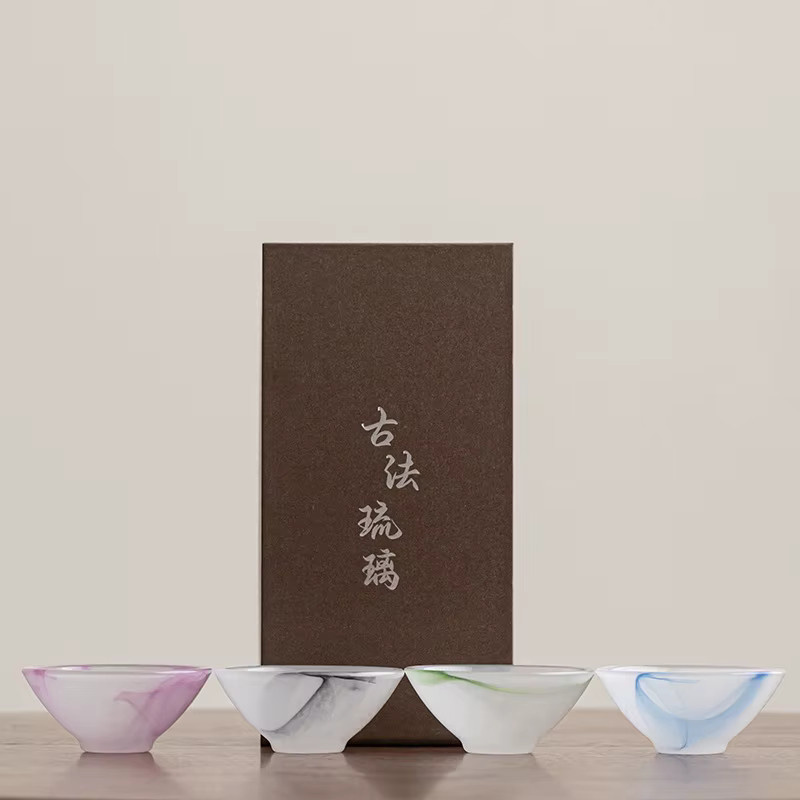 Gongfu Teegeschirr Set mit Glas Teetasse in Bambus Hutform und chinesischer Tuschemalerei, transparent - Bild 2