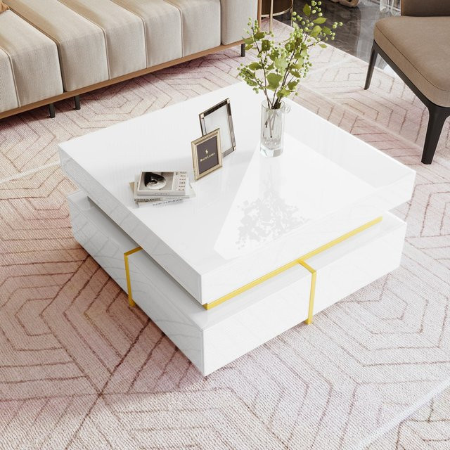 Moderner Couchtisch in Weiß Hochglanz mit 2 Schubladen und goldenen Akzenten von GL Store, B/T/H: 70 x 70 x 35,5 cm - Bild 1