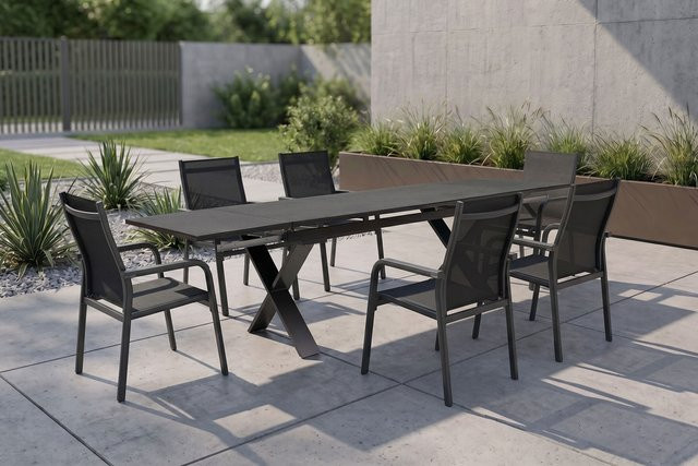 Kettler BasicPlus Garten-Essgruppe in Anthrazit mit ausziehbarem Tisch und 6 Stapelsesseln aus Aluminium, Spraystone und Textil - Bild 1