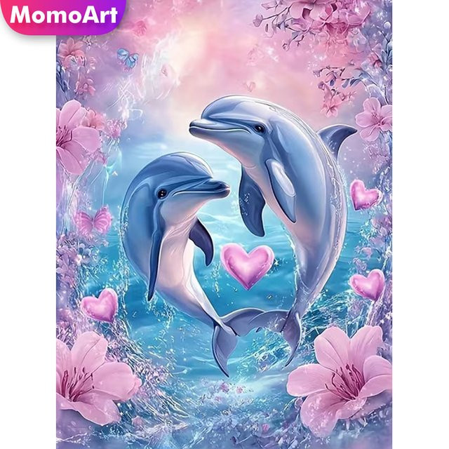 Momoart Diamant-Stickerei Delfin mit Lilienblumen, buntes Strass-Malbild für Erwachsene und Anfänger, B/H: 20 x 30 cm - Bild 1