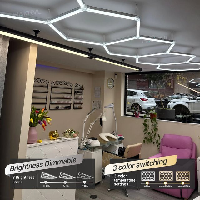 HAMRVL Sechseckige LED-Deckenleuchte mit CCT-Farbtemperaturwechsel und Dimmfunktion für Friseursalons, Werkstätten und Garagen in Weiß - Bild 1