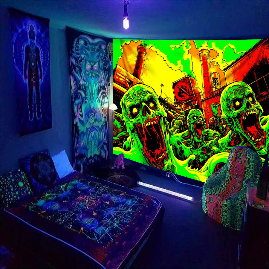 VIKAMA Industrieller Wandteppich mit neongrünem Totenkopf in Rauchfarben, abstrakte Wanddekoration für Wohnzimmer und Sofa, B/H: 60 x 40 cm - Bild 2