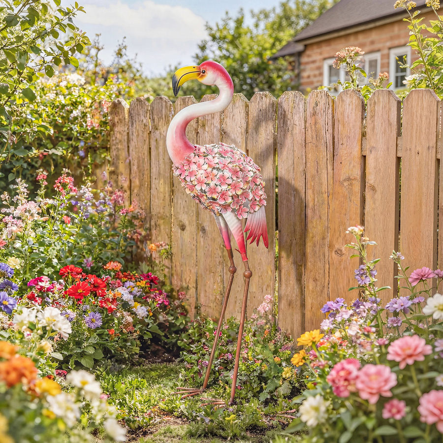 Outsunny Gartenfigur Flamingo aus Metall in Rot mit floralen Details als Außendekoration für Garten und Terrasse - Bild 2