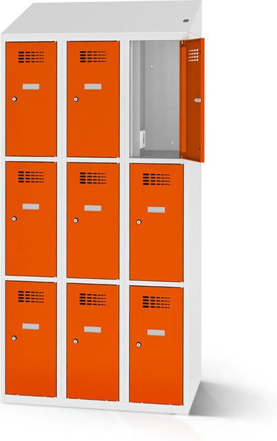 rotstahl Fächerschrank mit 9 Fächern und Ladefunktion, Farbe Orange, Korpus Lichtgrau, B: 90 cm, H: 200 cm - Bild 1