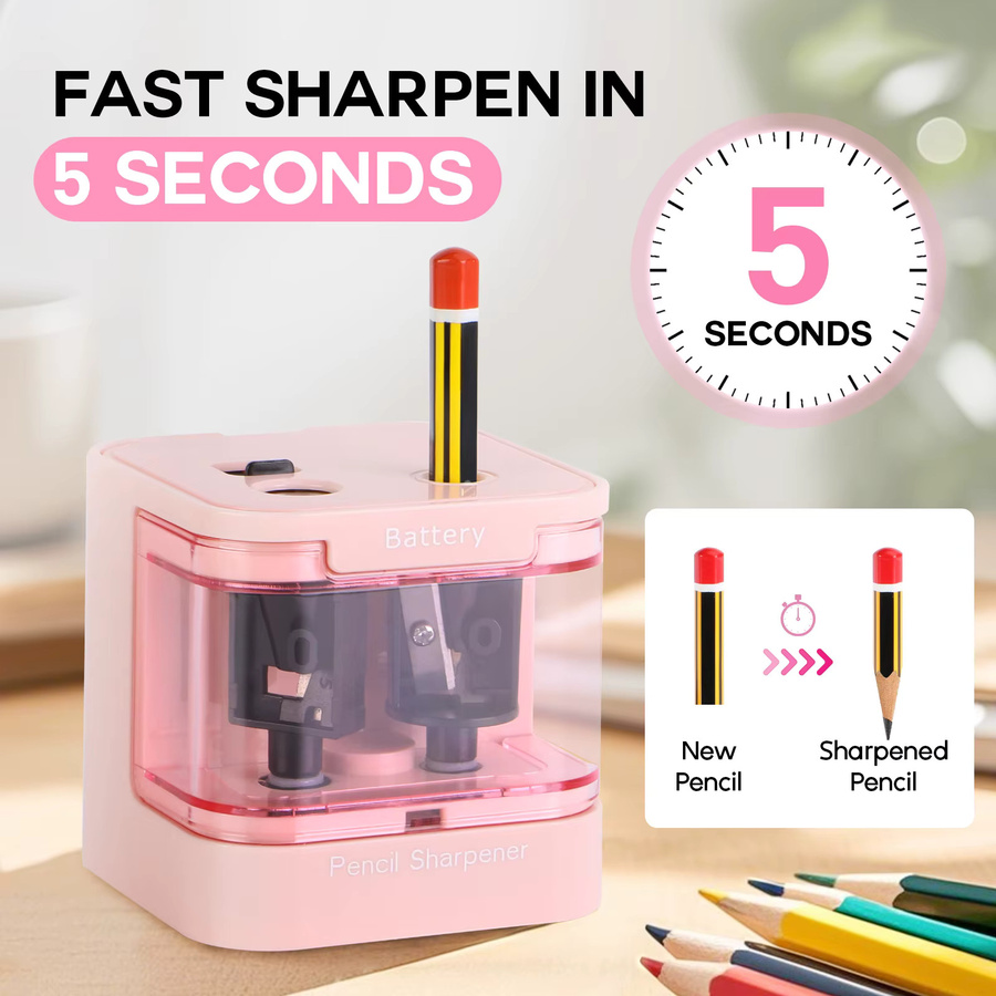EAGLE Elektrischer Bleistiftspitzer in Pink mit zwei Löchern, USB/Akku Dual-Power und automatischem Stopp für Schule und Büro - Bild 2