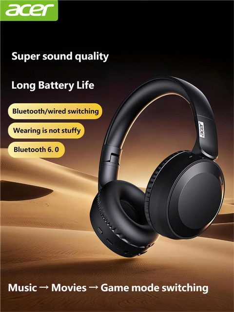 Acer OHR205 Kabellose Bluetooth Kopfhörer als faltbares Gaming-Headset in Schwarz und Beige mit 3,5-mm-Klinkenanschluss - Bild 1