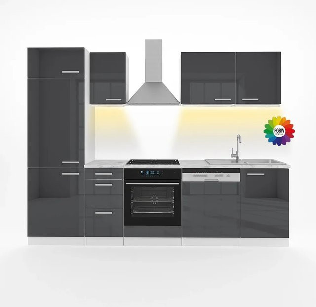 Vicco Optima Küchenzeile Anthrazit Hochglanz und Weiß mit LED-Leisten Breite: 270 cm - Bild 1