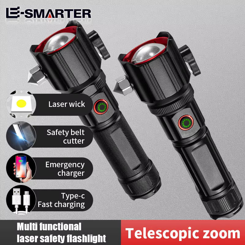ESMARTER Laser-Taschenlampe in Schwarz mit Zoomfunktion, Fensterhammer und 5 Beleuchtungsmodi, wasserdicht und wiederaufladbar - Bild 6