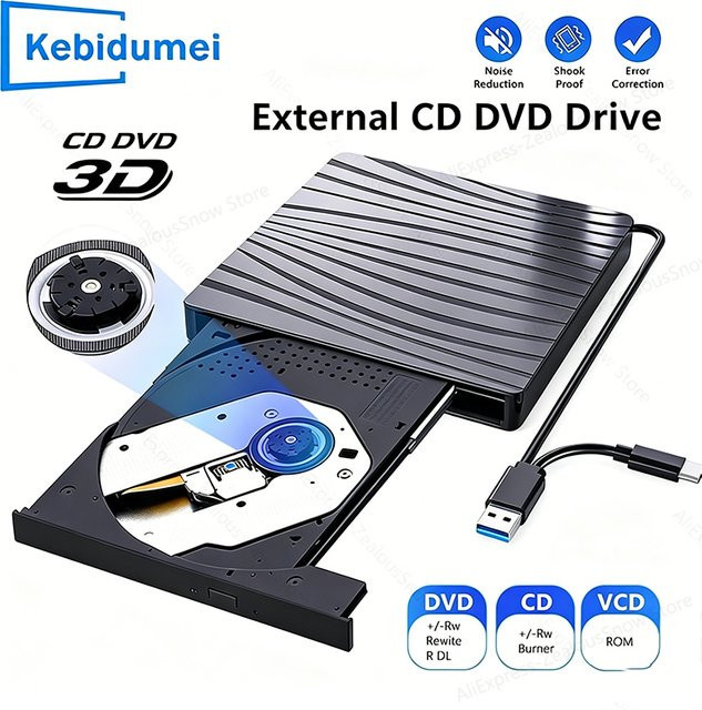 Kebidumei Externes optisches Laufwerk DVD RW und CD-Brenner mit USB-C Anschluss in Schwarz - Bild 1