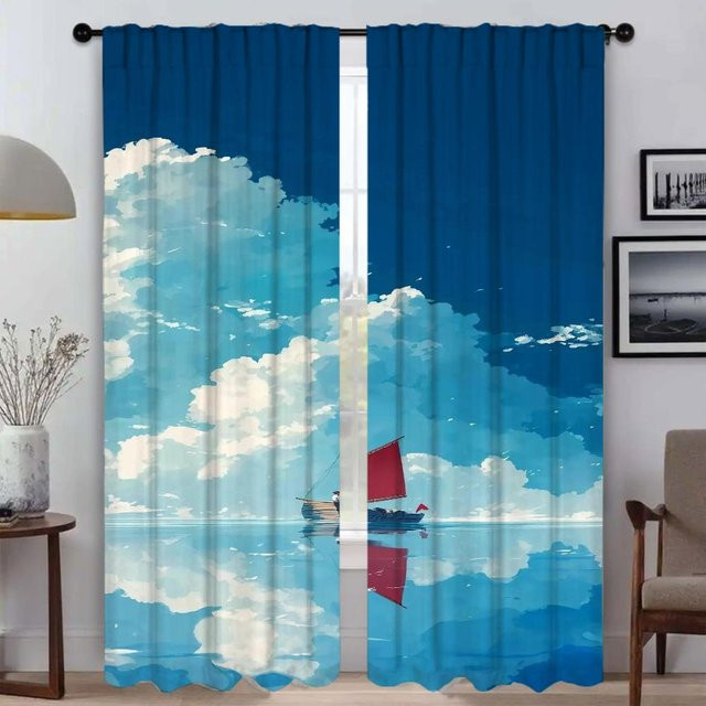 Elegante semi-transparente Raumvorhänge mit Naturmotiv in Blau, 2er-Set, B: 50 cm, H: 70 cm - Bild 1