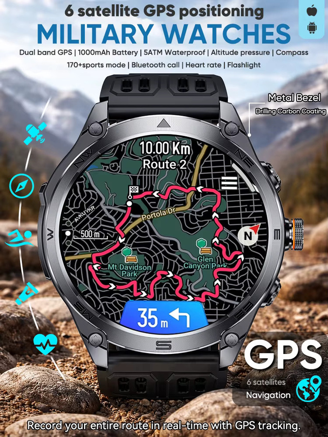 KENPANG Smartwatch, GPS, 1,75", Edelstahl, Schwarz, Herren - Bild 6