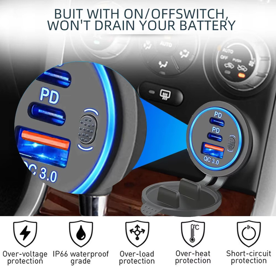 Wasserdichtes Dual PD QC 3.0 Autoladegerät mit USB-C und Schalter für 12V/24V Motorrad LKW Boot, 78W, Schwarz - Bild 2