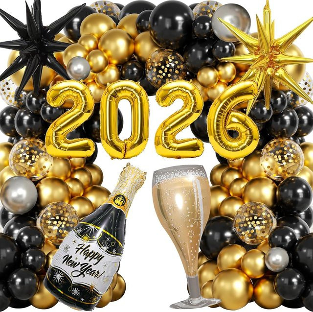 Silvester Party Set Gold mit Folienballons in Form von Weinflasche und Weinglas für das Jahr 2026 - Bild 1