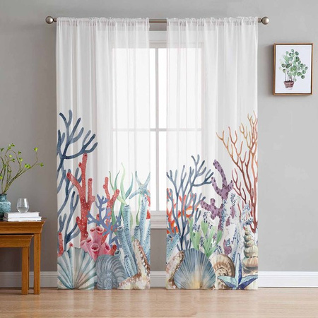 Super Six Fenstervorhänge Marine Koralle im Sommer Seestern aus Tüll und Chiffon, Farbe: Weiß, Breite: 135 cm, Höhe: 114 cm