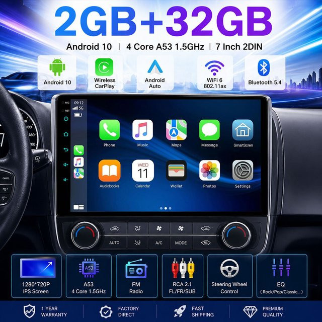 XFY Android 2 Din Autoradio mit Carpla, 9/10 Zoll Universal Multimedia Player mit WIFI und GPS in Schwarz für Nissan Toyota Kia Honda - Bild 1