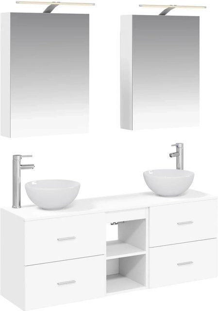 vidaXL Badezimmerschrank-Set in Weiß, modern und glänzend, bestehend aus Waschtischunterschrank, Wandschrank und Spiegelschrank mit LED-Beleuchtung, B/T/H: 50 x 14,5 x 70 cm - Bild 1