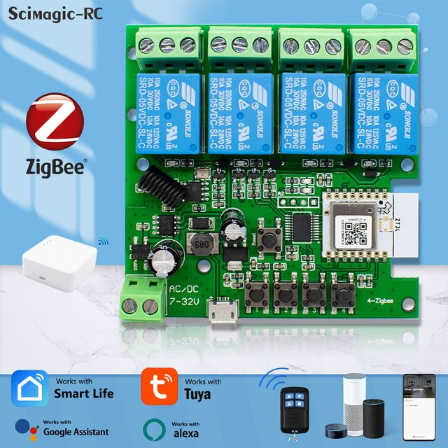 Scimagic-RC 4CH Zigbee Smart Home Relais Modul für AC/DC 7-32V und 85-250V, kompatibel mit Alexa und Google Assistent, Farbe: Grün - Bild 1