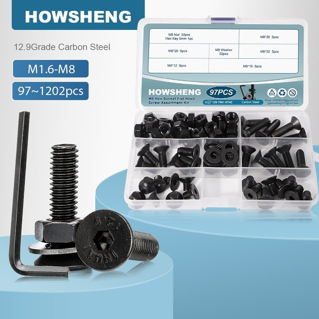 Howsheng Flachkopf-Sechskantschrauben-Set mit Muttern und Unterlegscheiben, Güteklasse 12.9, Innensechskant-Senkkopfschrauben in Schwarz, verschiedene Größen von M1.6 bis M8 - Bild 1