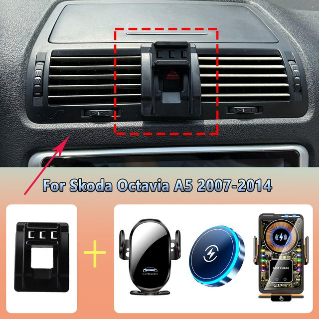 Magnetischer Autotelefonhalter mit kabelloser Ladefunktion für Skoda Octavia A5 2007–2014, Schwarz, Lüftungshalterung - Bild 1