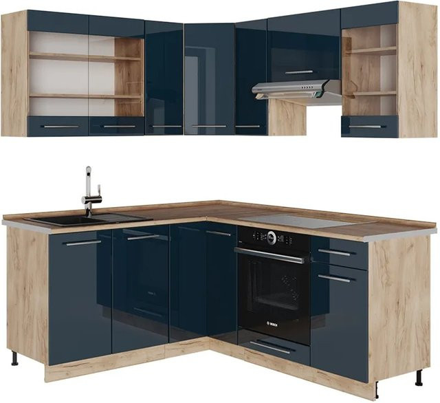Vicco Eckküche Fame-Line Dunkelblau Hochglanz und Eiche, B/T/H: 160 x 190 x 208 cm - Bild 2