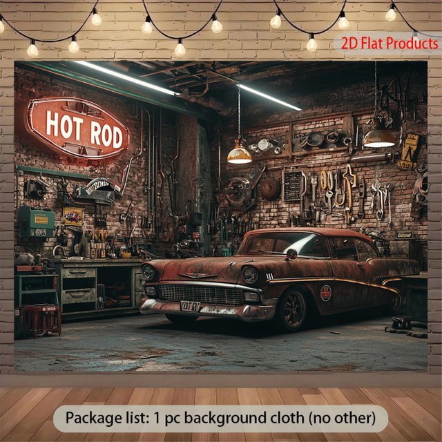 Vintage Auto Garage Banner Party Dekoration im Retro-Stil, Mehrfarbig, Breite: 150 cm, Höhe: 100 cm - Bild 1