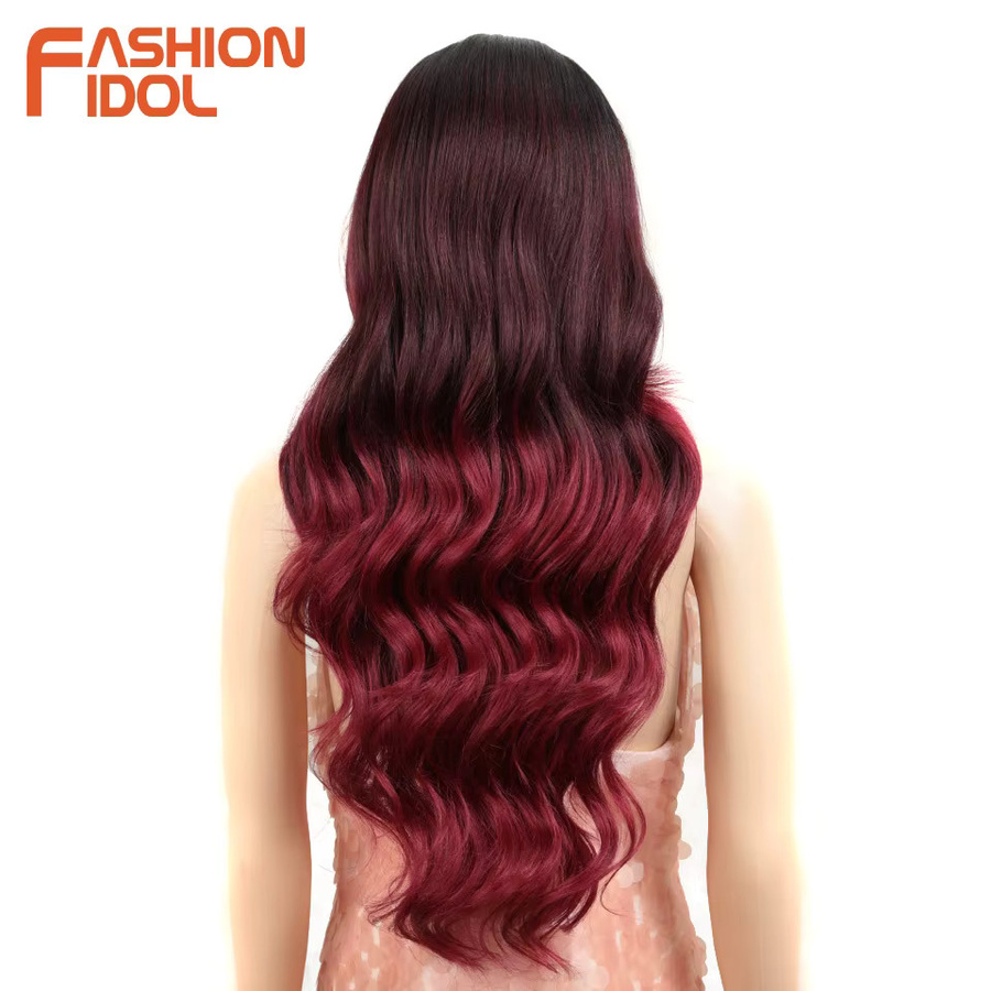 FASHION IDOL Perücke, 26 Zoll, Lace Front, synthetisch, Ombre Burgund, Körperwelle, Damen - Bild 2