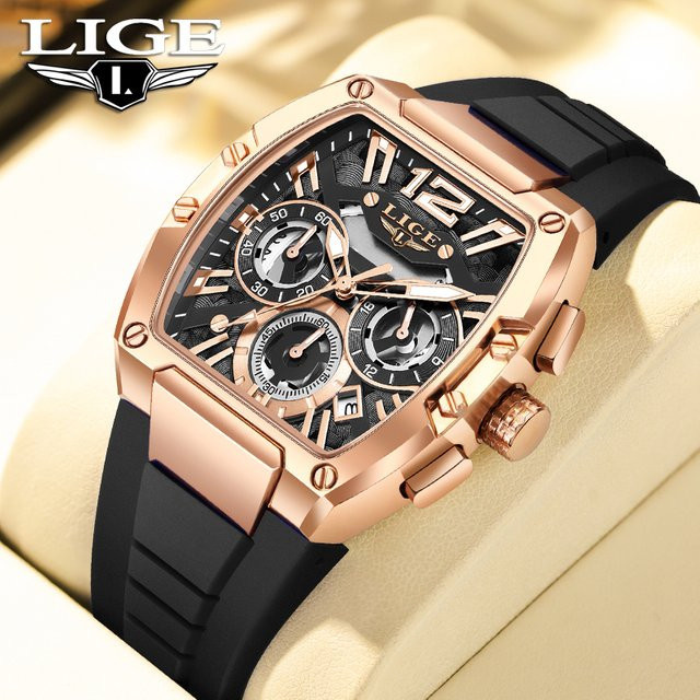 LIGE Chronograph Armbanduhr, Quarz, Blau, Roségold, Silber, Silikon, Herren - Bild 1