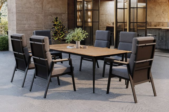 OUTFLEXX Trondheim Garten-Essgruppe aus Aluminium und Teakholz in Anthrazit/Natur mit Tisch und 6 Sesseln inklusive Polstern, Tisch Breite: 220 cm, Tiefe: 100 cm - Bild 1