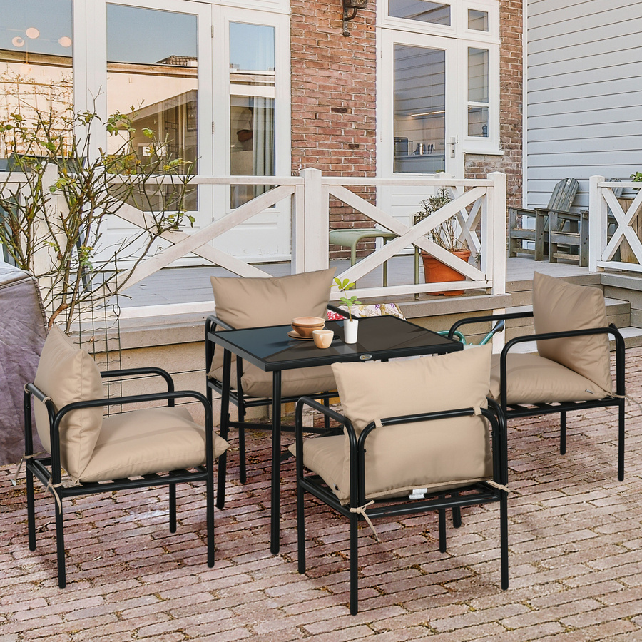 Outsunny Gartenmöbel-Set aus Stahl in Schwarz mit 1 quadratischem Esstisch aus Glas und 4 Stühlen inklusive 4 Kissen - Bild 2