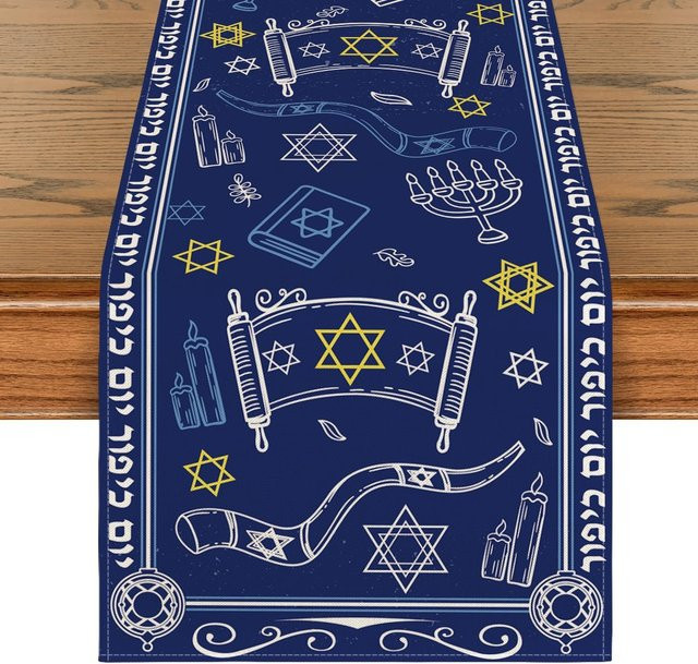 JINGYUE Pet Tischläufer aus Leinen mit Schofar- und Hexagramm-Motiv in Blau, B/H: 150 x 33 cm - Bild 1